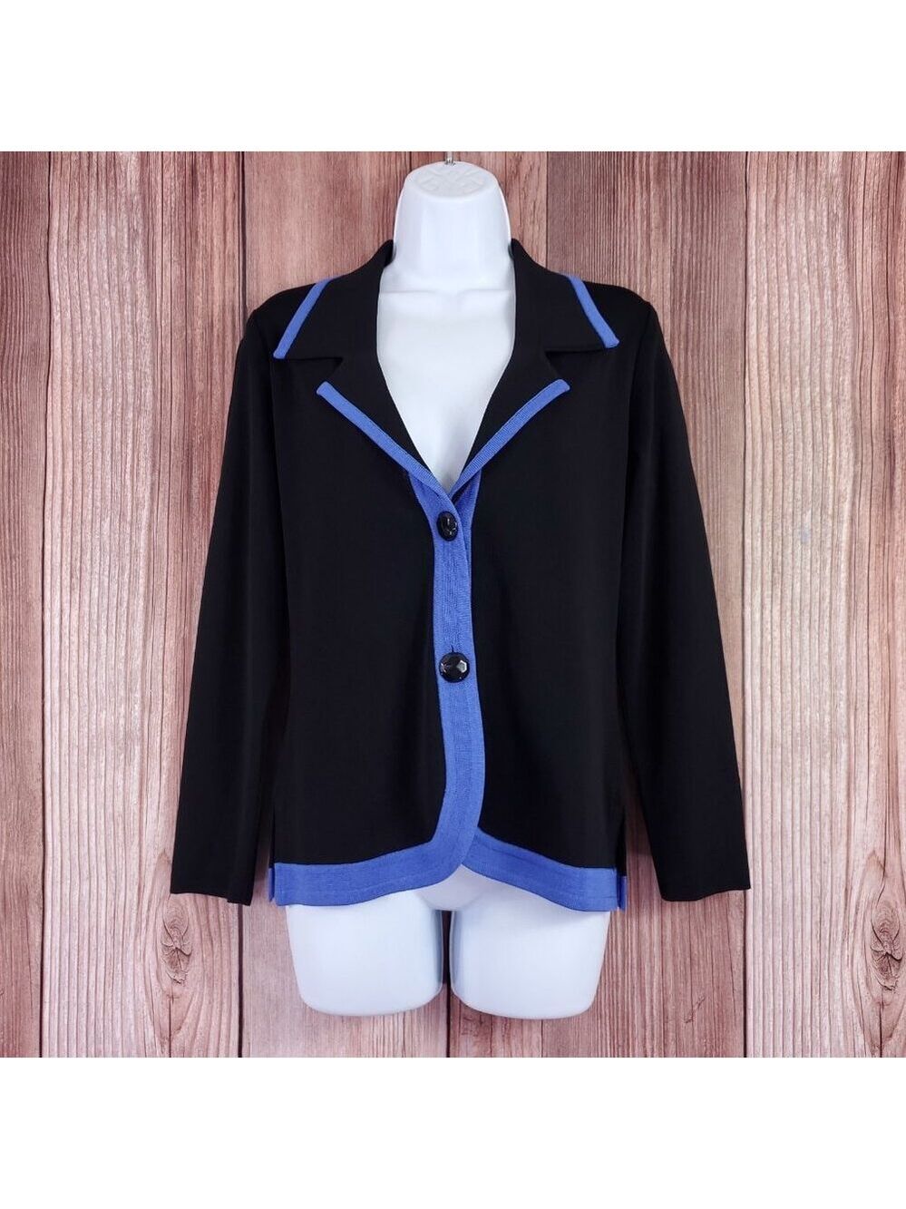 Exclusively Misook Womens Petite XS Black Blue Trim Knit Cardigan Sweater